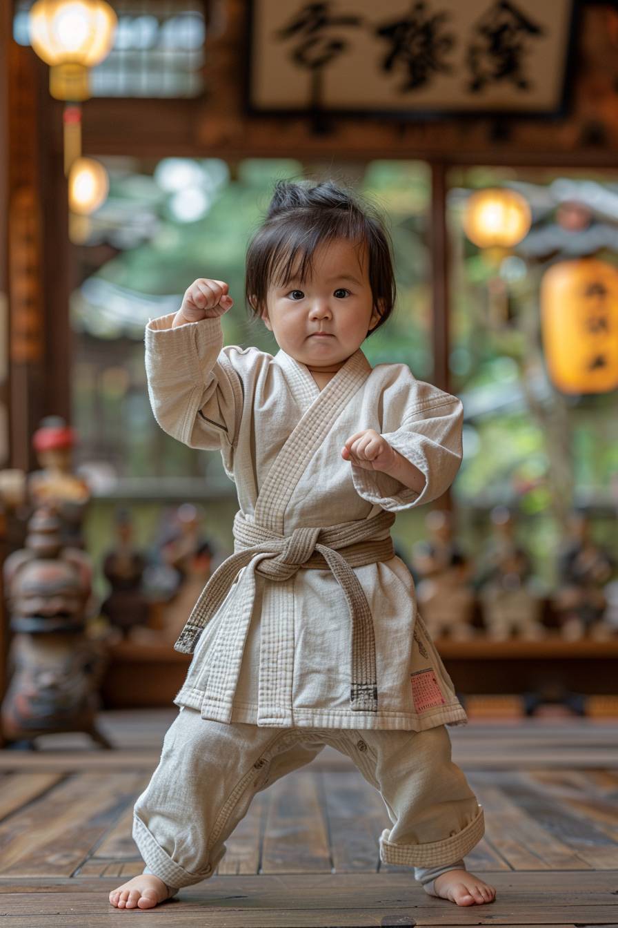 Full body, fluffy, barefoot, colorful, high details, A serious Asian baby girl is practicing Karate with a standard posture. The scene is captured with a wide-angle lens in a Dojo. It is a Full-Length Shot in third-person perspective, front view. Sung Kim, dark brown, movie lights, Kevin Hill, George Lucas