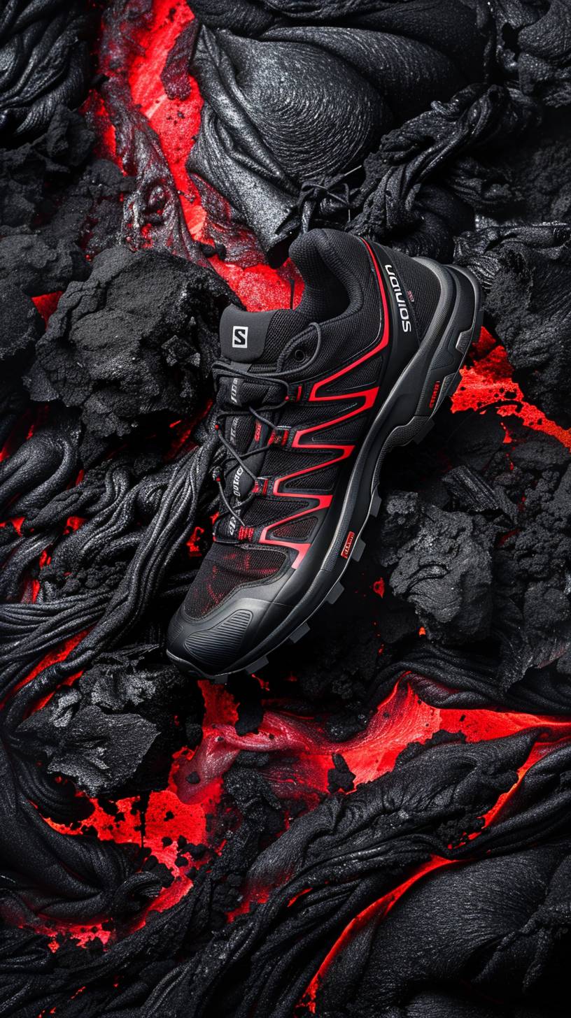 A Salomon sneaker lying on magma, product photography, still life photography, commercial lighting, real, clean, volcanic eruptions, obsidian, magma, from above, Canon EOS5, Kodak E100G, black and red tones, panorama