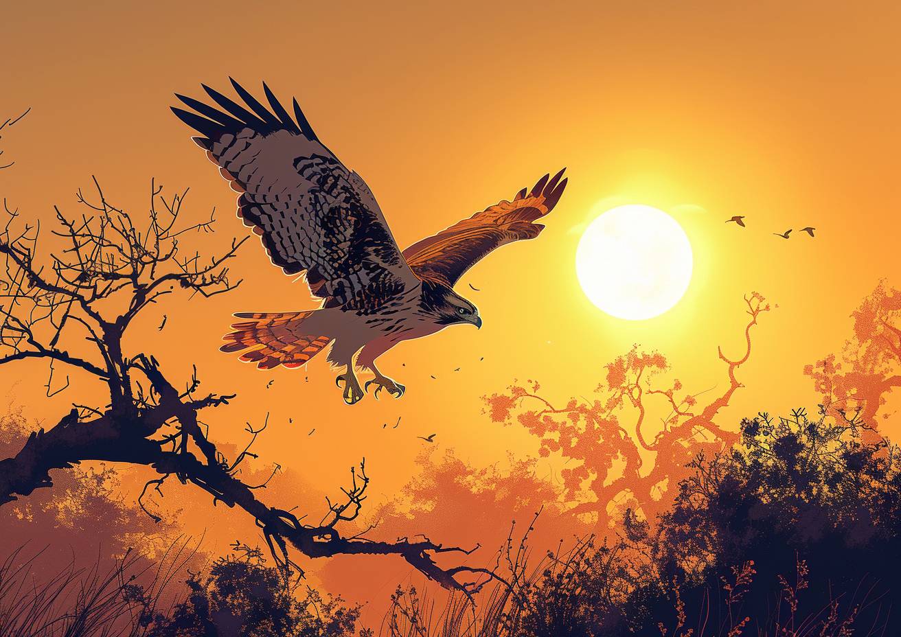 Minimalist landscape, a hawk launches itself from a dead tree, wings strobing in the sunlight