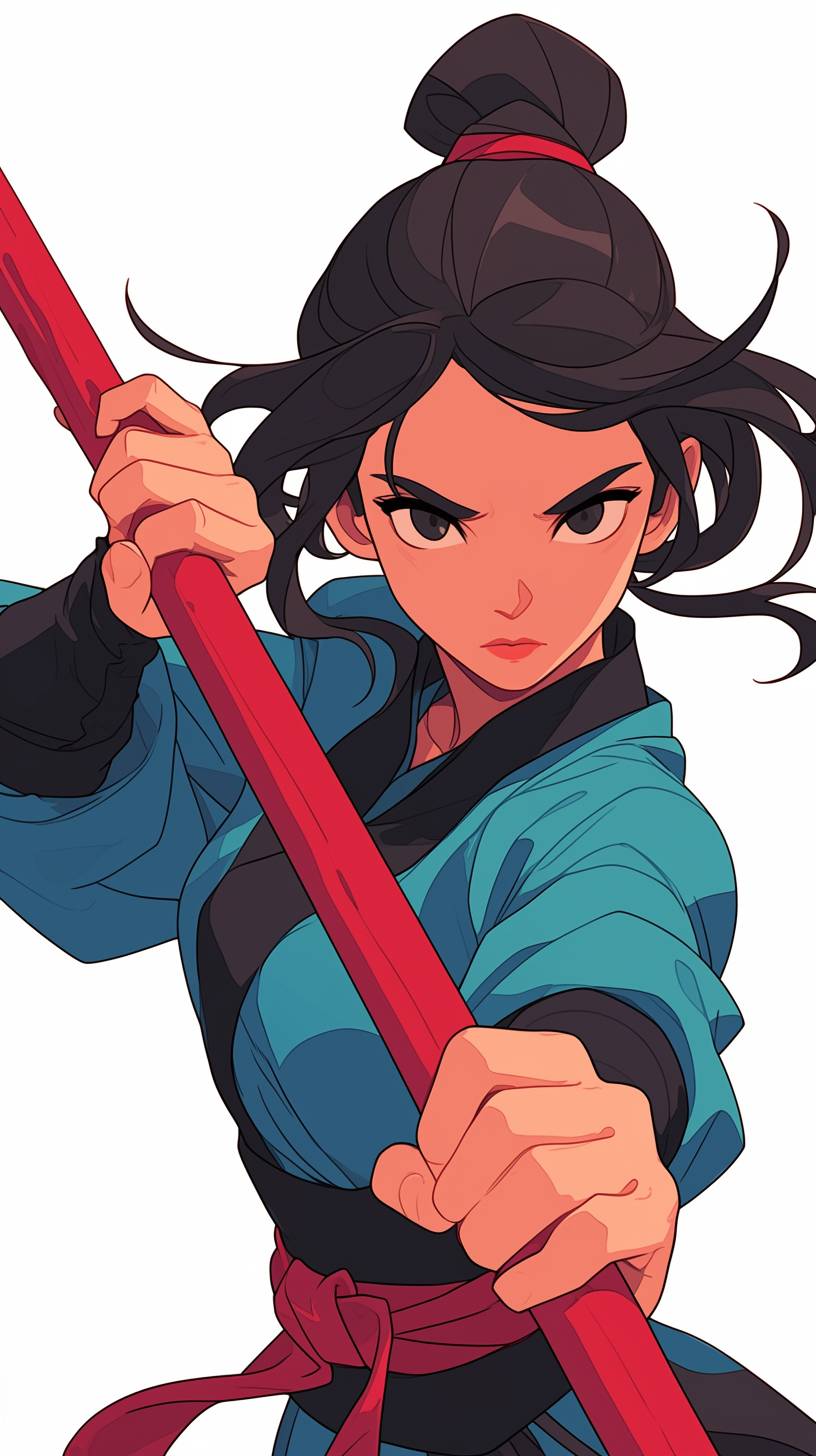 A female war god, Mulan, is practicing martial arts with a stick in her hand, with a white background, graphic design style, vector illustrations, Woodcut printmaking style, ancient Chinese colors, bold lines and solid colors simple details, minimalistic, HD, cartoonish