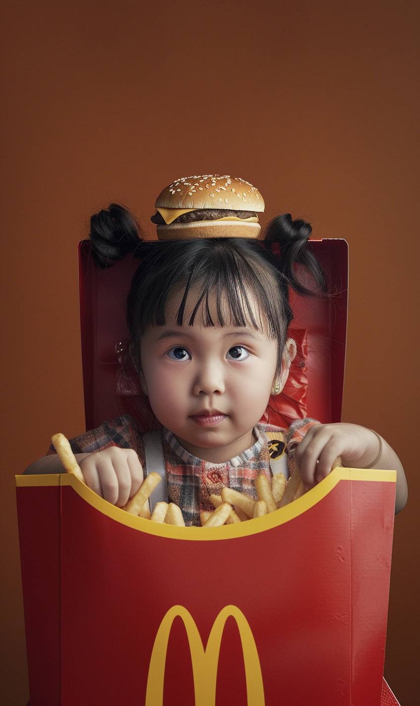 Real art photography, children's photo, a cute, wide-eyed 3-year-old girl sitting in a red box of McDonald's fries, With two burgers on each side of his head, a red lid open behind him, Chinese faces, With a cute, cute look on her face, hands clenched at her sides, With a playful character design and lively facial expressions in the style of photographic portraitures and advertising posters, the light orange and dark gray artwork has a kawaii art style.