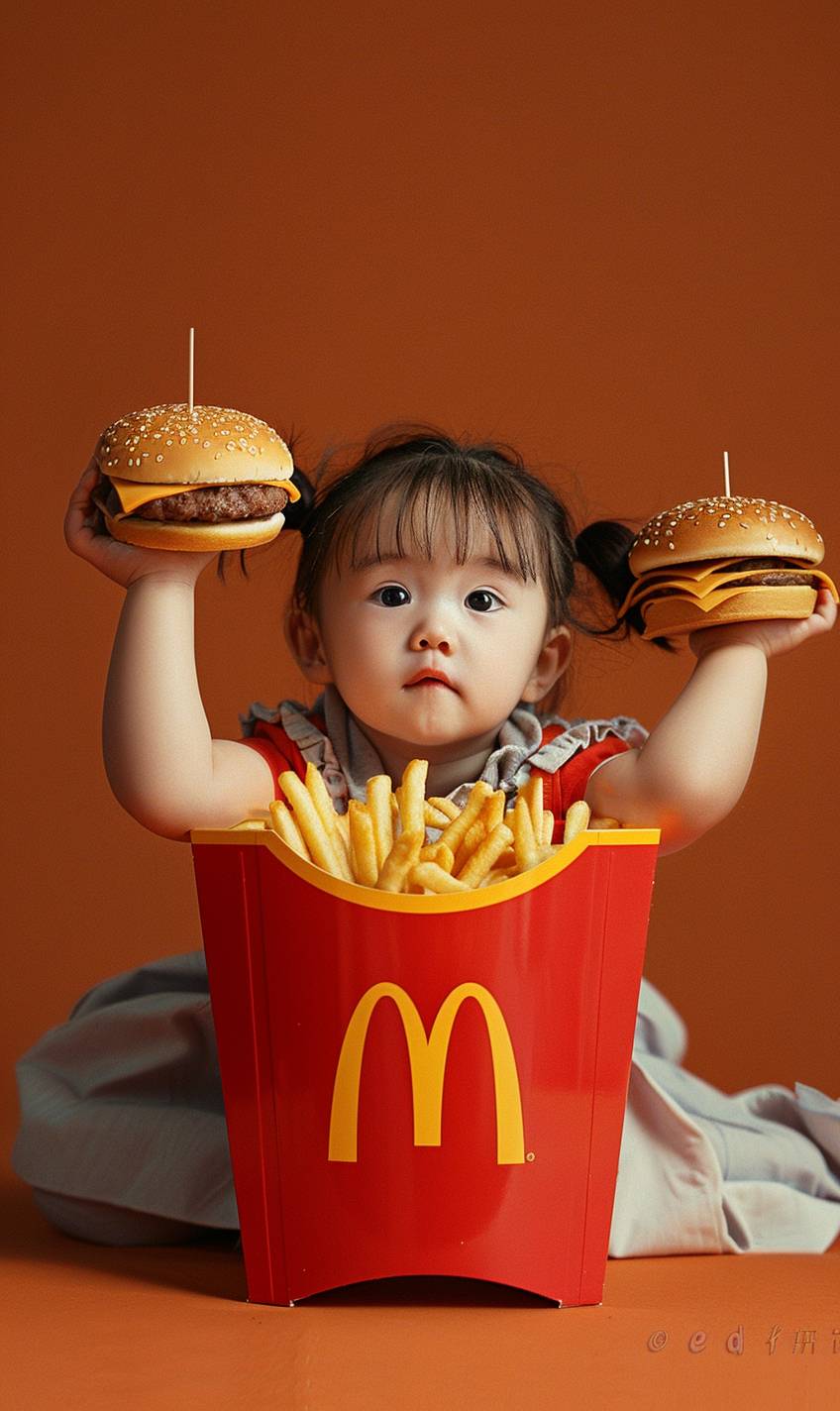 Real art photography, children's photo, a cute, wide-eyed 3-year-old girl sitting in a red box of McDonald's fries, With two burgers on each side of his head, a red lid open behind him, Chinese faces, With a cute, cute look on her face, hands clenched at her sides, With a playful character design and lively facial expressions in the style of photographic portraitures and advertising posters, the light orange and dark gray artwork has a kawaii art style.
