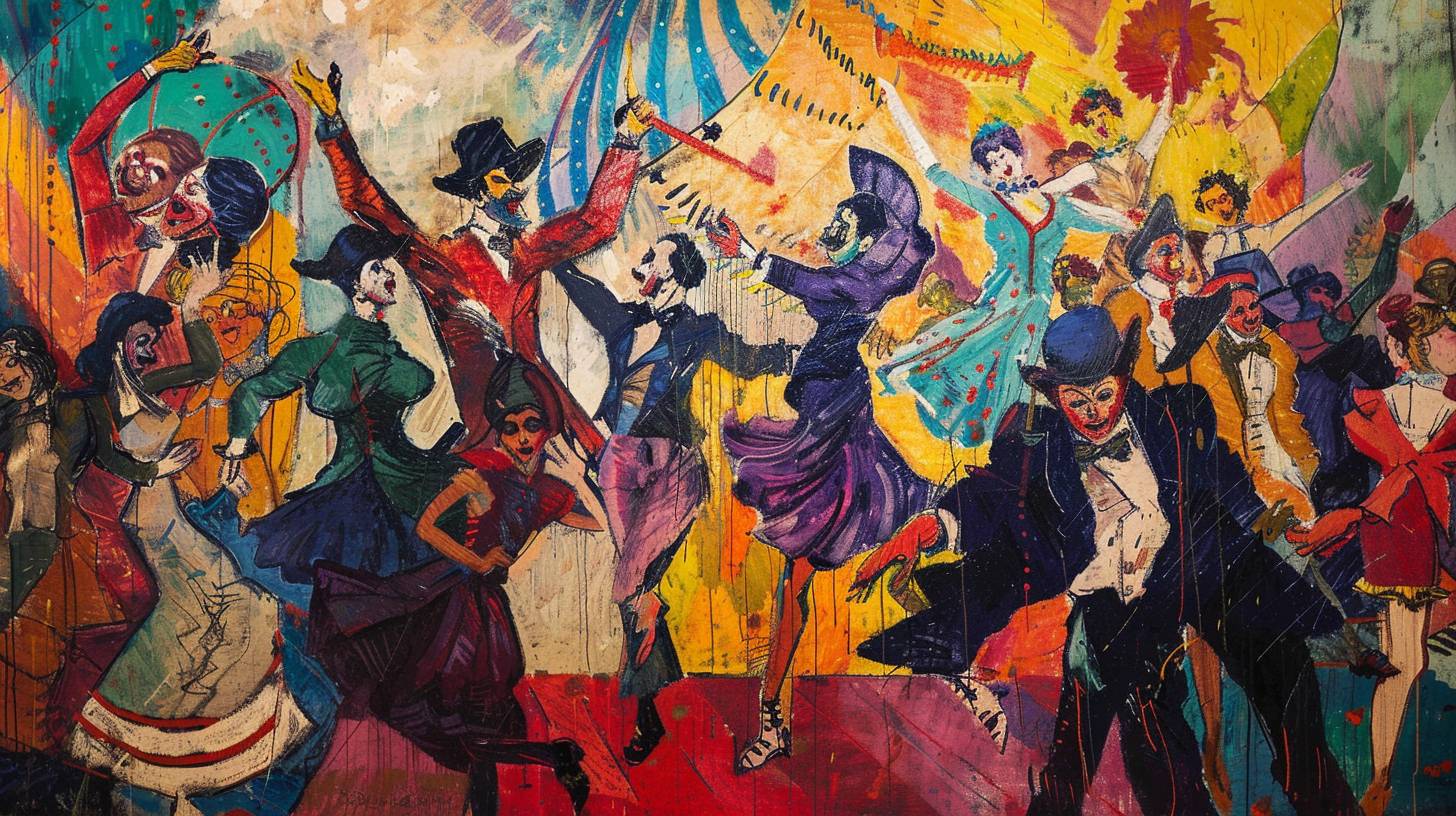 A lively and colorful scene of circus performers, featuring acrobats, clowns, and dancers, in the style of Henri de Toulouse-Lautrec, with bold lines and dynamic compositions