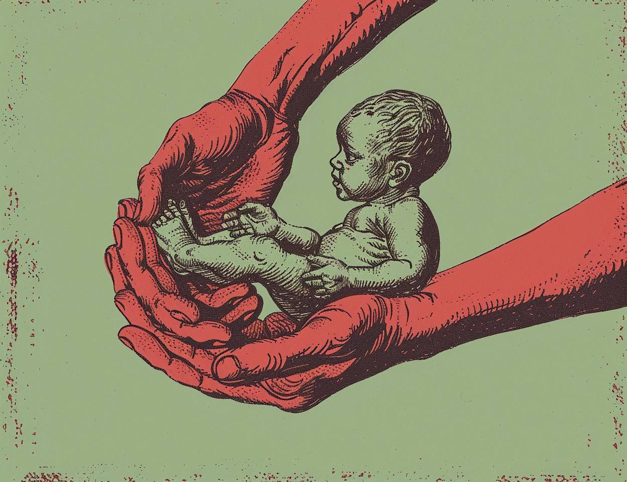 インクとペンスタイルで描かれた、R Crumbスタイルの作品の中の初期の人間の赤ちゃんが手の中に描かれているコミックパネル。淡い緑色の背景に深紅色が施されている。このキャラクターは、生活から引用されるかのように描かれており、顔の特徴や体の比率はない。一つの腕が手の中に小さな男の子を抱いている、クローズアップのショットです。