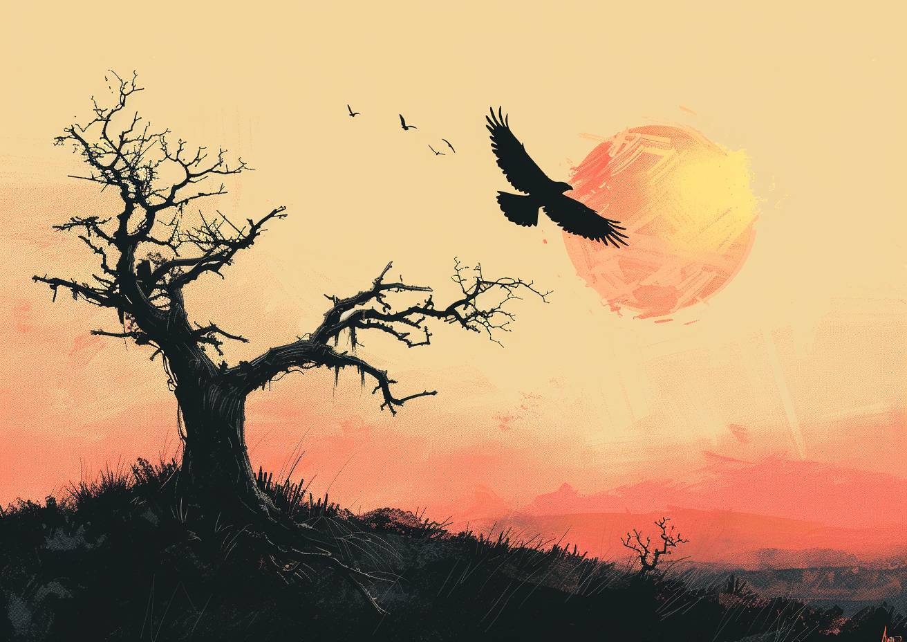 Minimalist landscape, a hawk launches itself from a dead tree, wings strobing in the sunlight, Apocalypsecore