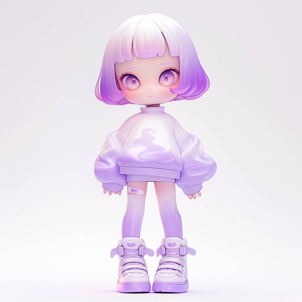 Full body, cute pose, A vinyl toy of an adorable trendy lively baby girl, The figure is painted in white and purple gradient, She has eyes that resemble cartoon characters, short hair, chibi, Her head was designed to have round proportions similar, with a detailed character design, cute pose, Isolated against a white background—niji 6