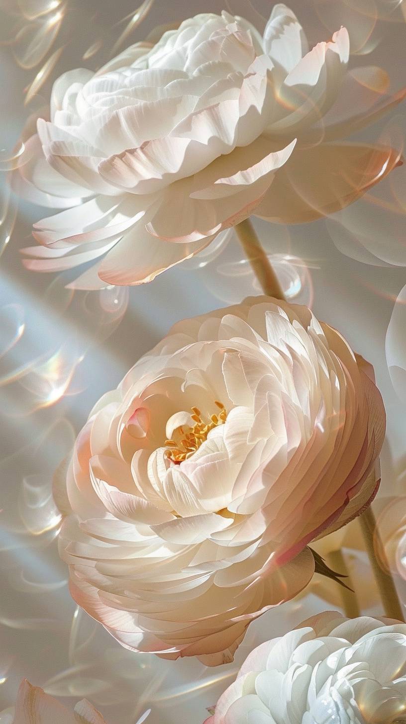 キンポウゲ、明るく輝く背景、透明性、ゴールド、ホワイト、淡いピンク、輝くチェリーの花びらが舞う、ジェフリー・キャサリン・ジョーンズによる作品