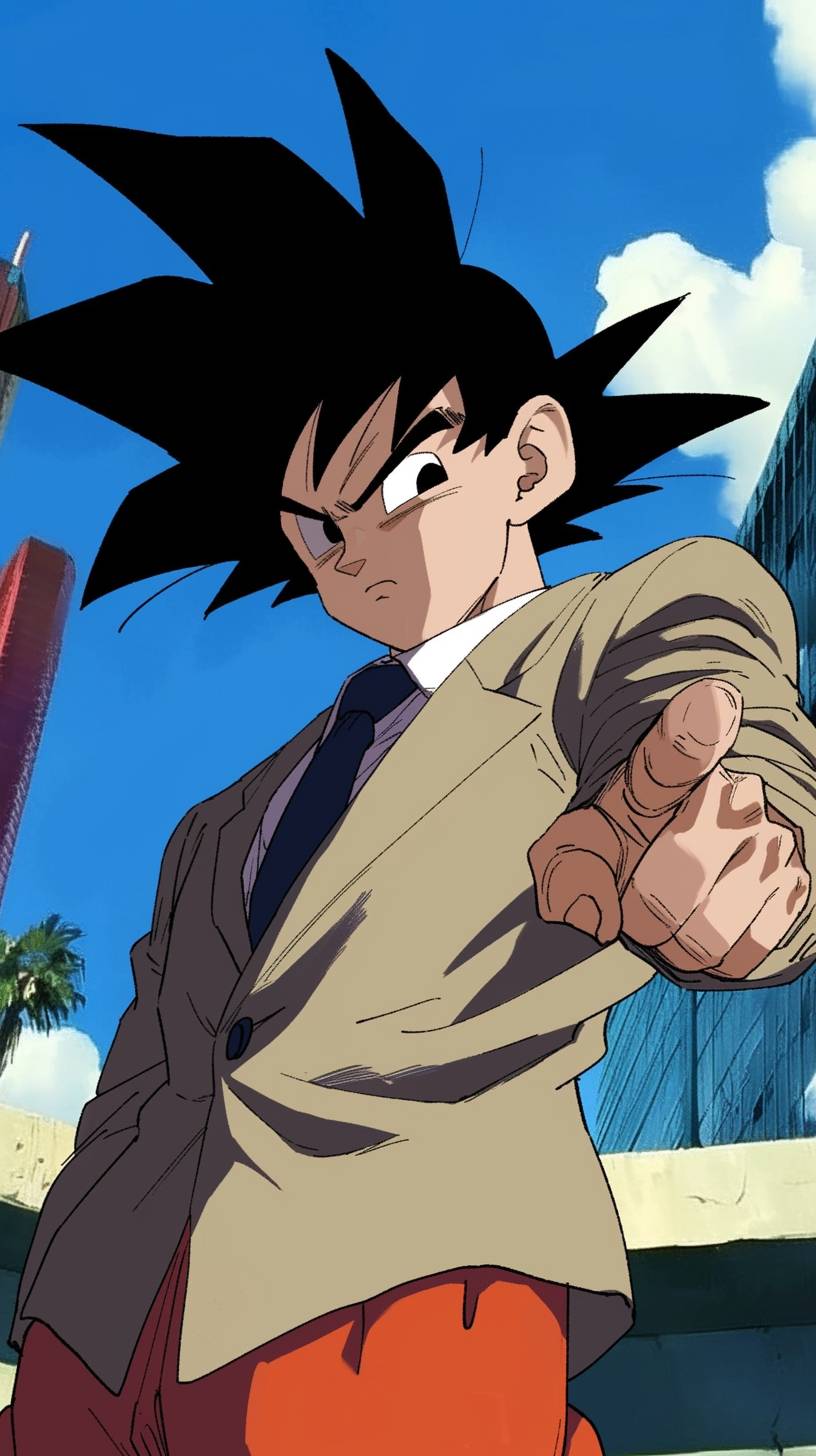 A character in a suit pointing his finger, on a rooftop, in the style of Akira Toriyama's Dragon Ball, color illustration