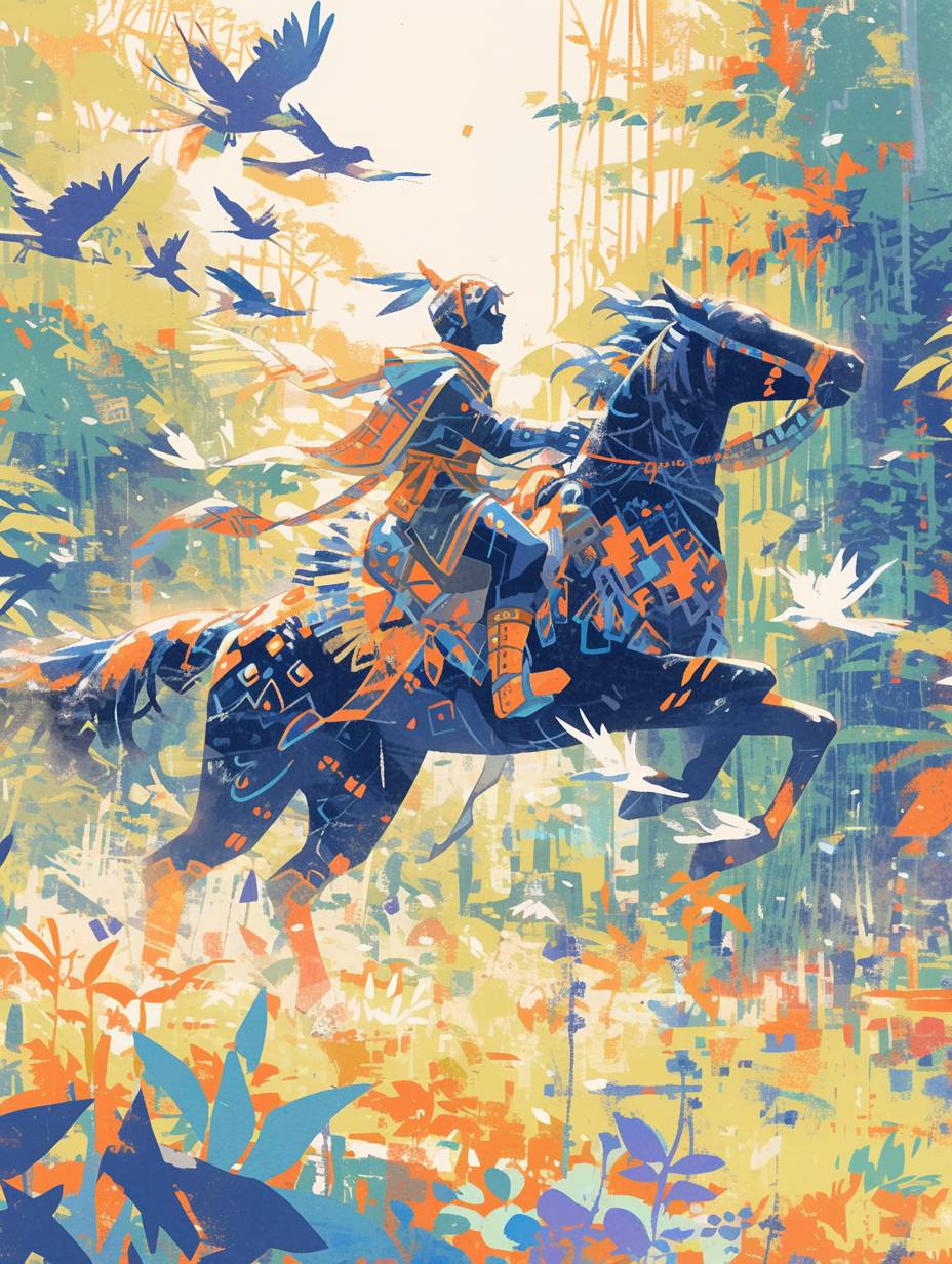 A boy rides a horse and chases birds in the forest, surrounded by a linear forest with birds flying in the sky. The illustration is drawn with colorful lines in a flat style, with green as the main color of the background. It is a vibrant scene with a fisheye effect.