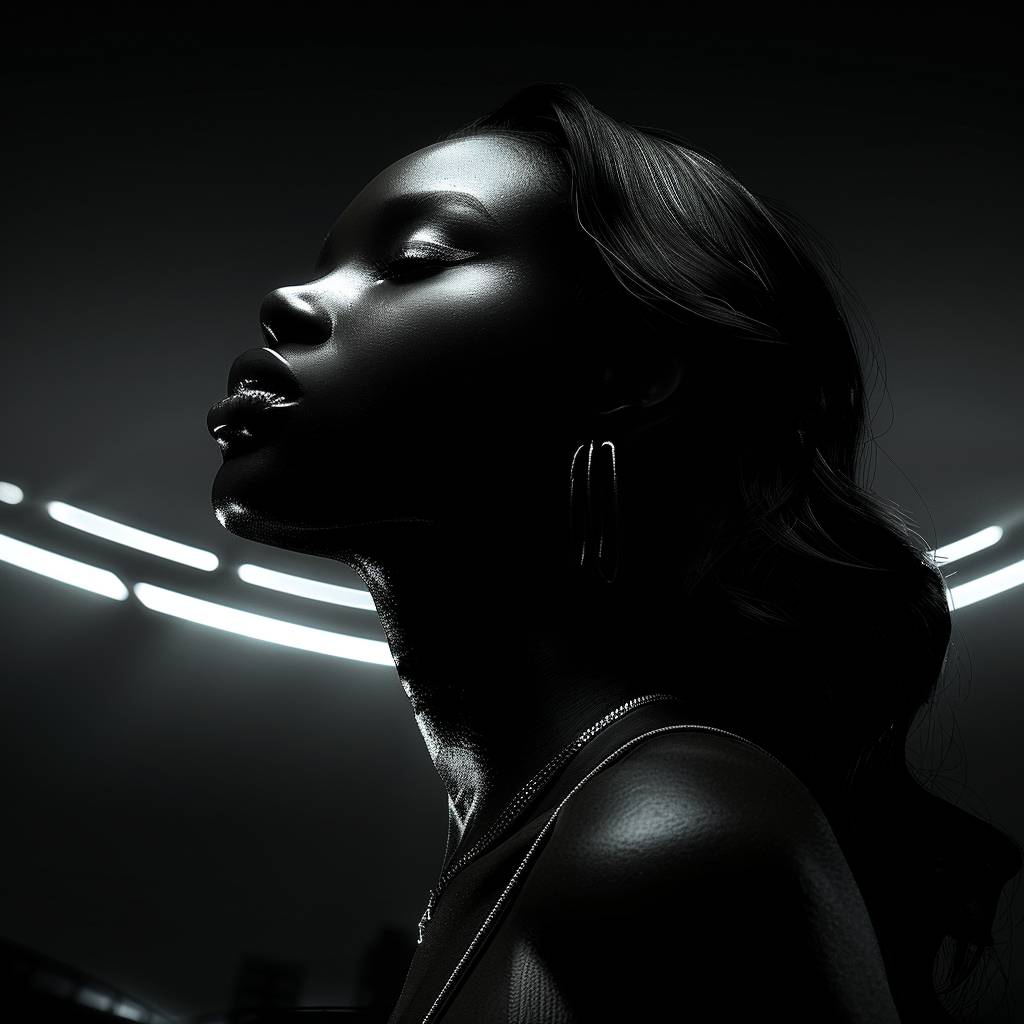 Cinematic shot of a beautiful black woman with shoulder-length wavy hair on a rooftop at night, gazing at city lights. The shot has dramatic lighting with artificial street lighting, captured in a medium shot. The color scheme is duotone, featuring turquoise and red, creating a tense atmosphere. The film used is Cinestill 50D, and the composition is detailed.