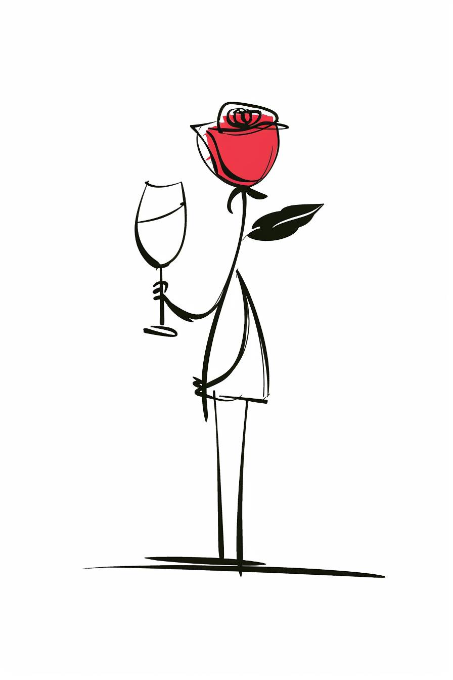 Stick figure rose, with a full open blossom, drinking wine, against a white background, in the vector illustrations style with flat design, minimalism, clean lines, at high resolution with high detail --AR 2:3 --style raw --v 6.0
