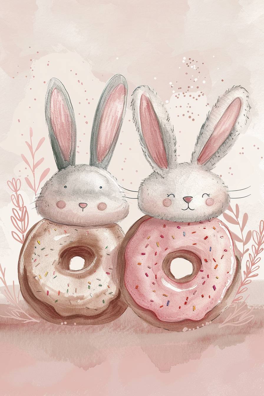 A cute 2 Donuts with Bunny ears next to each other clipart, organic forms, in the style of Jon Klassen, desaturated light and airy pastel color palette, nursery art.