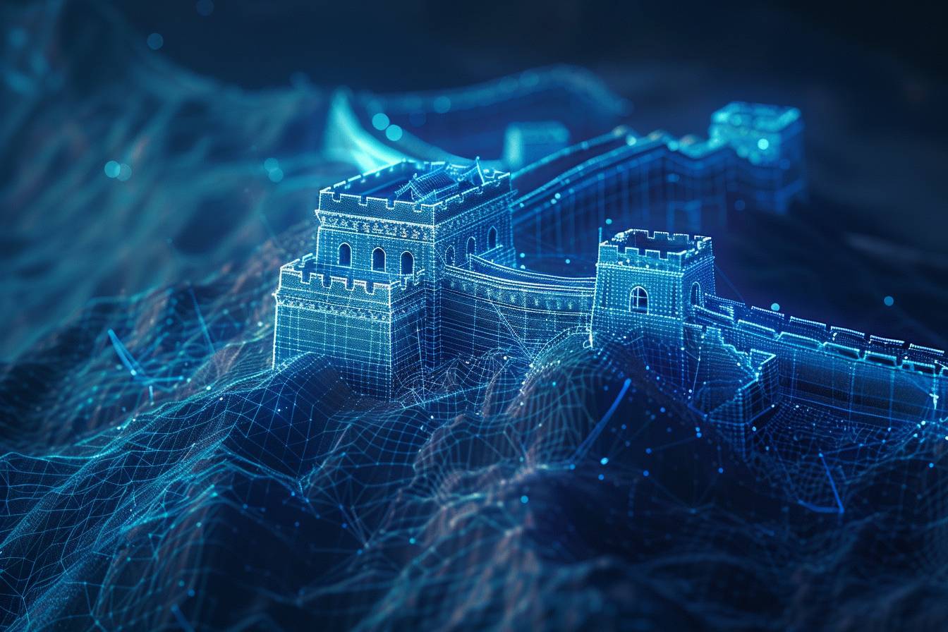 A wireframe hologram of the Great Wall (aerial view) with glowing blue lines forming intricate patterns around its iconic structure against an isolated dark background. The design showcases detailed architectural details and features, creating a visually stunning representation of ancient Chinese architecture. This digital artwork is perfect for creative projects that need to convey both historical significance and futuristic technology, in the style of 8K.