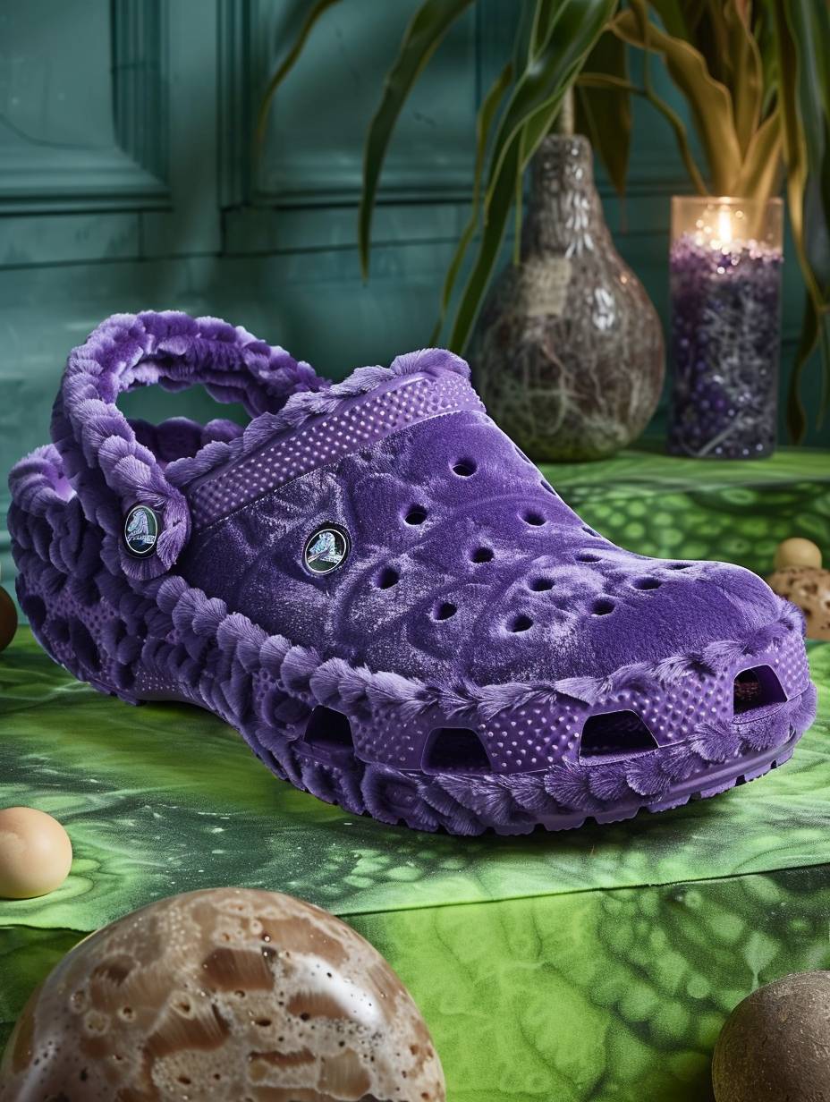 Studio shot, purple fur crocs, green photo background Wes Anderson style