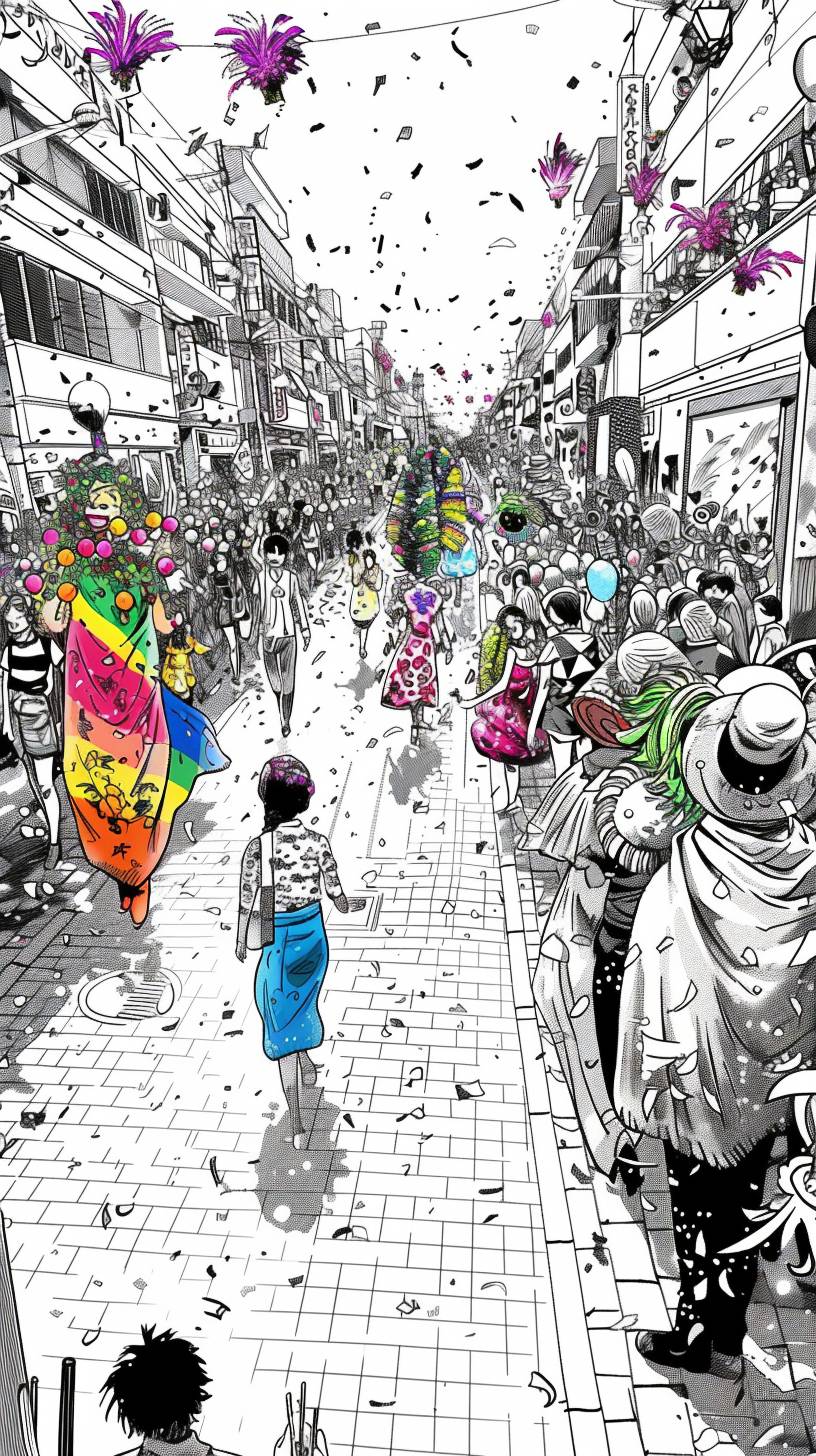 A colorful street parade, with people in elaborate costumes and floats adorned with glitter and feathers. Dancing and music fill the air. In the style of a vibrant illustration.