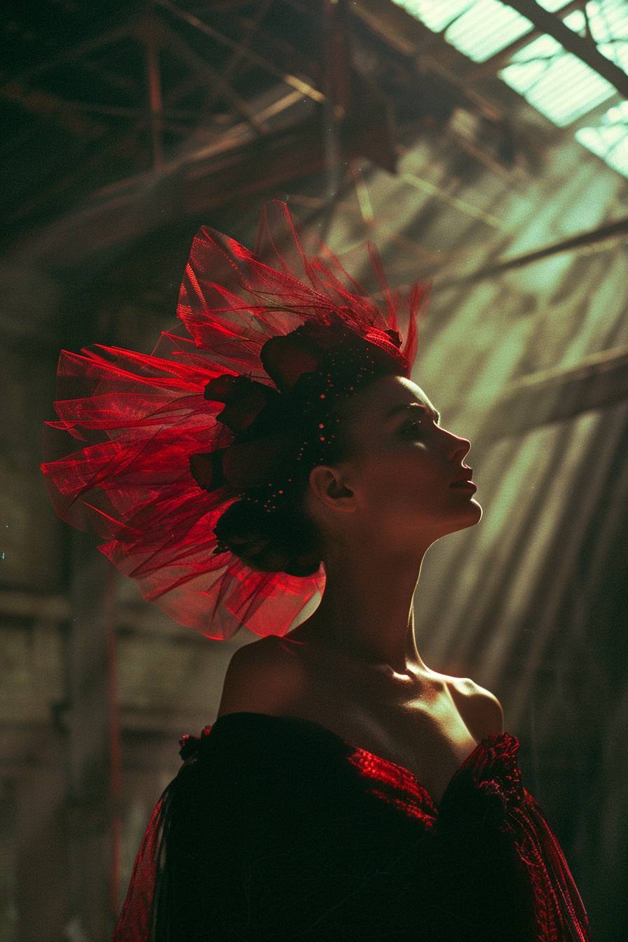 Close-up shot of a regal queen hiding in an industrial complex, gloomy, with rich and deep reds, with rays of light piercing through the canopy, shot on Fujifilm Velvia 50