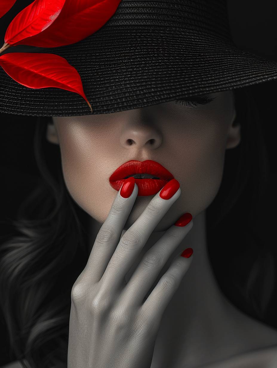 An elegant woman wearing red lipstick and a black hat with the brim covering her eyes puts her fingers on her lips, symbolizing silence. Her nails were long and painted a bright red. The background is solid black.