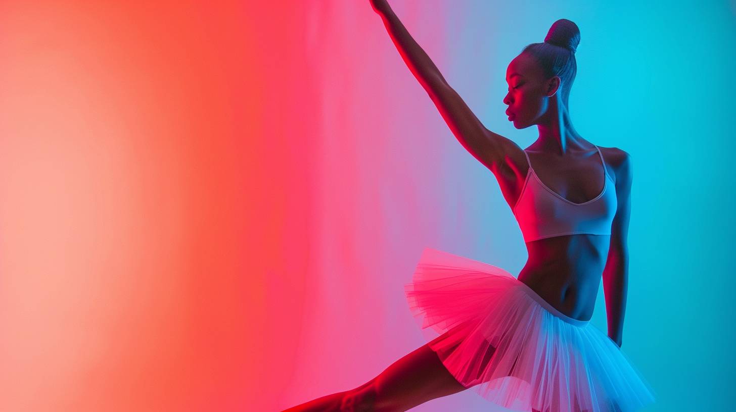 The left side of the image is empty, simple background, bright colors, high saturation, no text. No objects in the left side of the picture, all objects on right side of the picture. Graceful ballet dancer, gradient color background, photography settings --ar 16:9 --v 6.0.