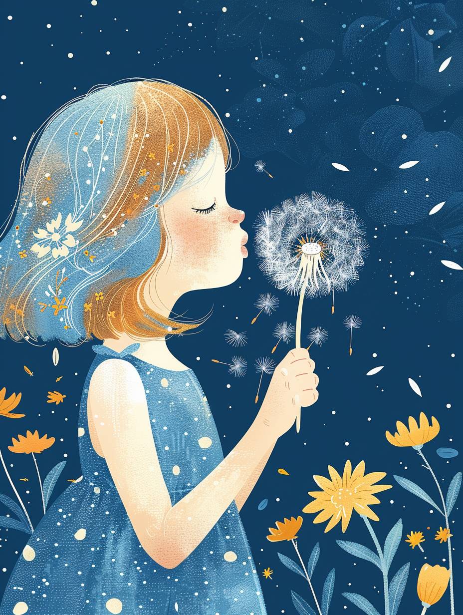 A girl holding a dandelion flower, wearing a blue dress with white dots and yellow flowers on it, blowing away small petals in the style of light skyblue and pale aquamarine illustrations, a simple line drawing reminiscent of children's book illustrations