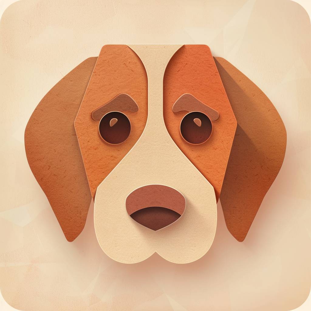 犬の顔を描いたモバイルアプリのアイコン。ミニマルなヴィンテージペーパーカットスタイル