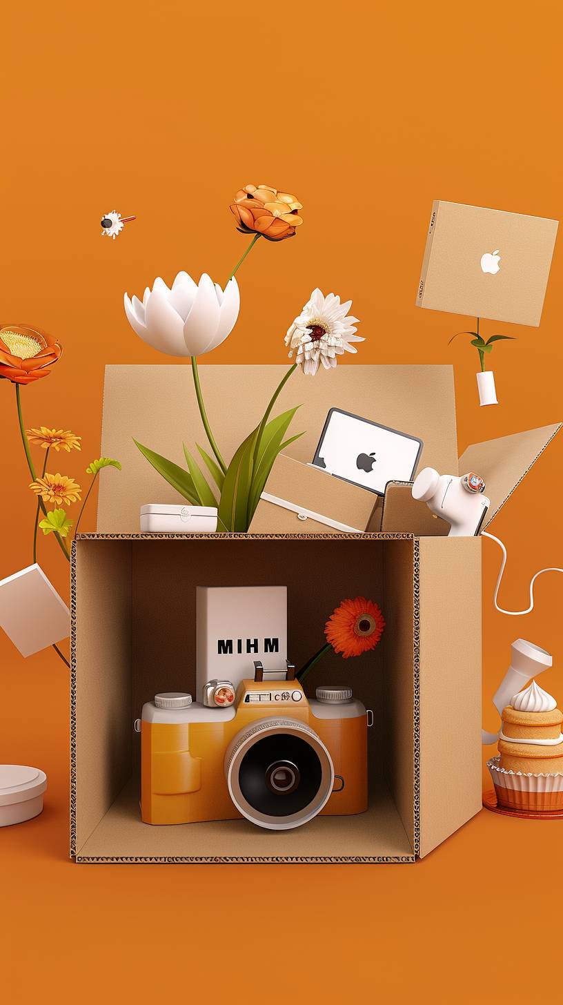 The cardboard box is open and filled with items, including flowers, computers, mobile phones, cameras, cakes, daily necessities, 3d style, oc renderer, high-definition texture, clean orange background space --ar 9:16 --v 6.0
