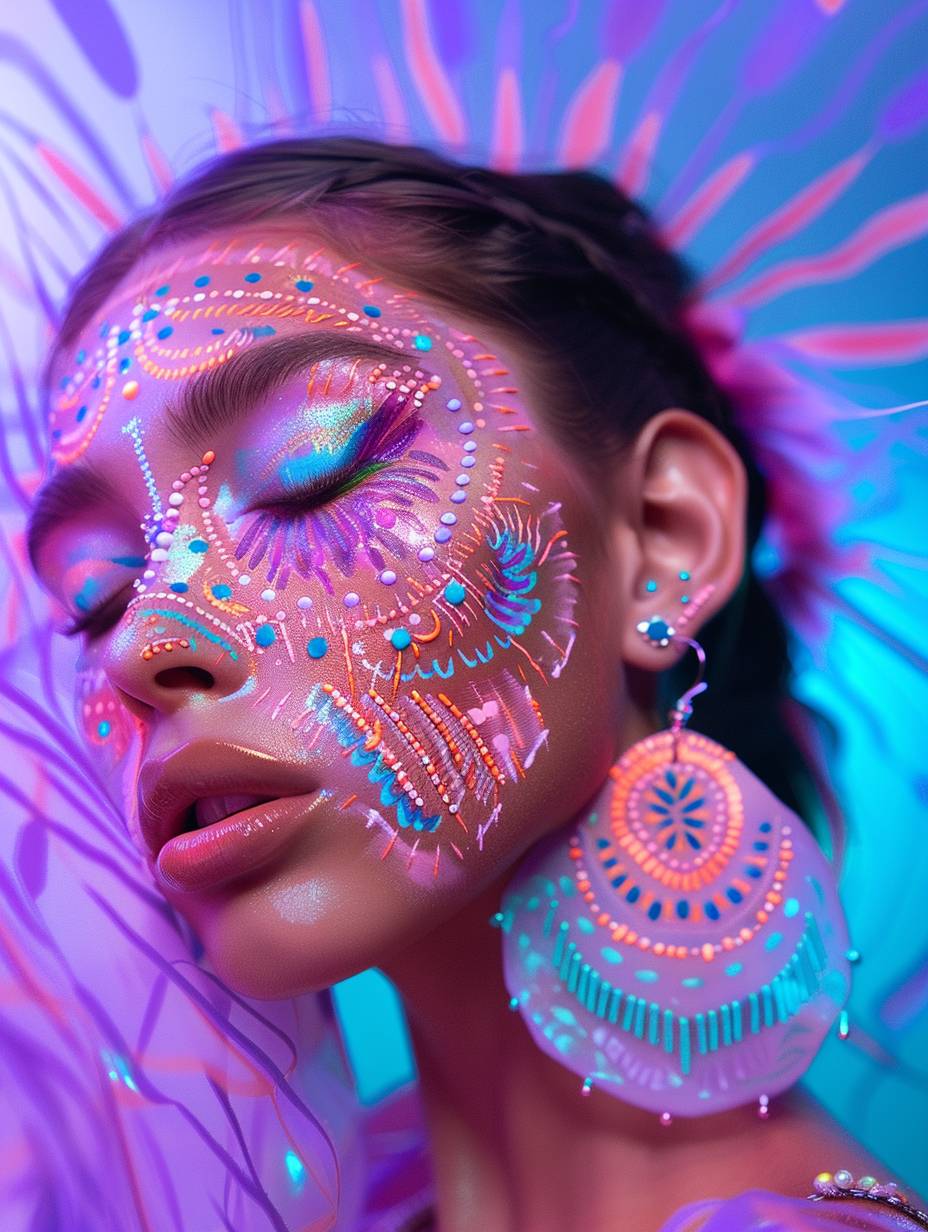 A beautiful girl with an intricate and colorful pattern on her face wears large earrings. Her style is reminiscent of Australian Aboriginal art. The background is abstract, with shades of purple, pink, and turquoise, creating a surreal atmosphere. Her makeup features pastel eyeshadow.