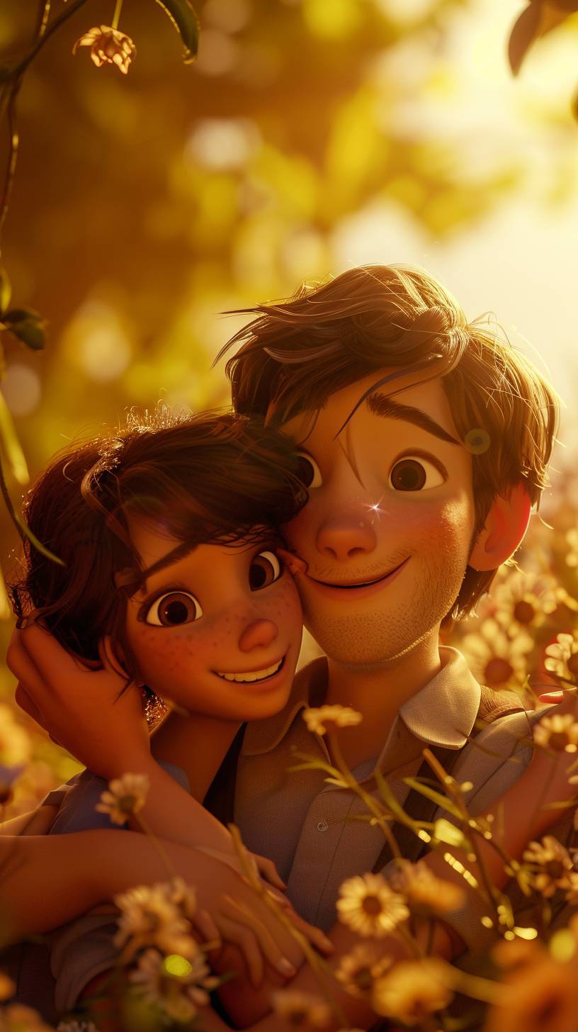 Summer, couple, hugging, bouquet, romantic atmosphere, smile, looking at the camera, animation scene, bright sunshine, park background, DreamWorks, Pixar