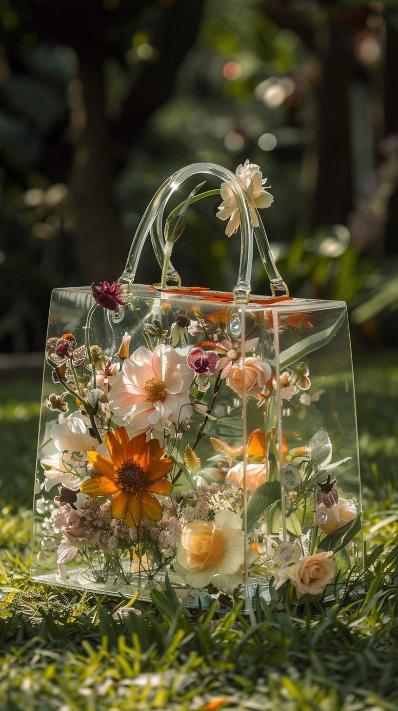 A transparent and exquisite luxury bag, filled with all kinds of expensive and exquisite flowers, was placed on the grass
