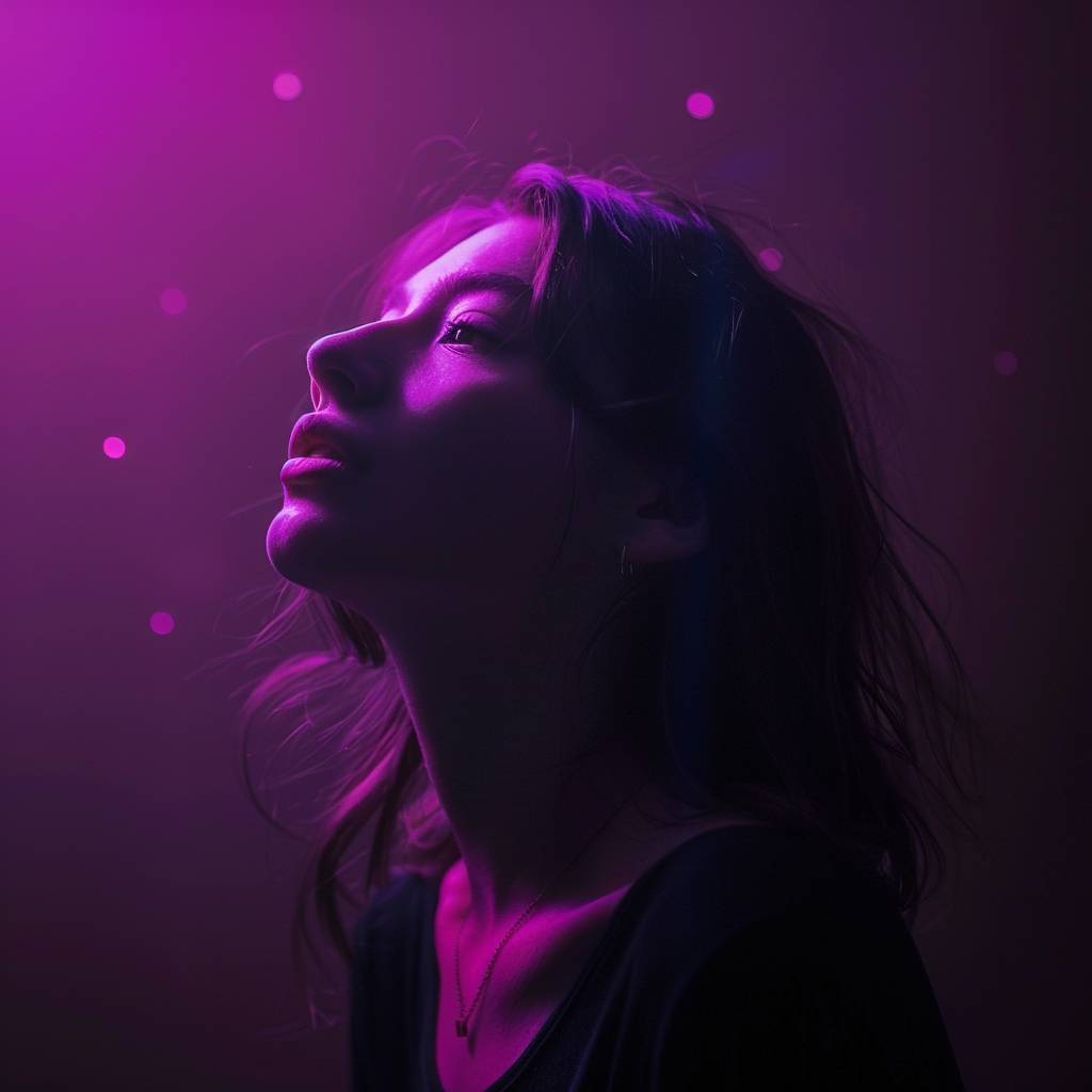 A portrait of a woman in the dark, illuminated by an intense purple light from above, with a soft pink gradient background. This scene evokes a sense of mystery or contemplation, highlighting the beauty of the subject's features against the contrasting backdrop, lens glossy effect, high contrast, star bokeh.