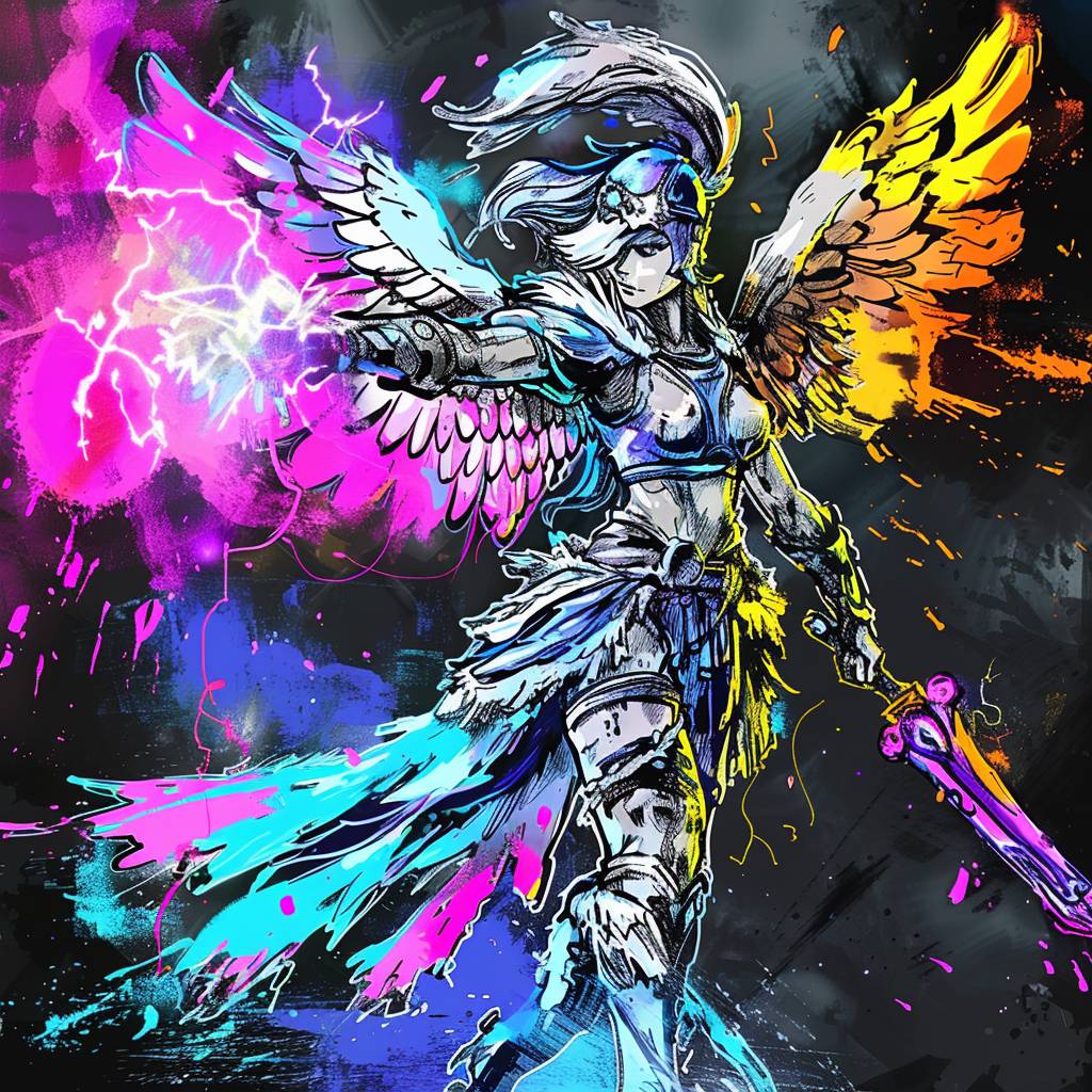 A winged valkyrie wearing silver and blue, wielding a weapon formed from incandescent plasma