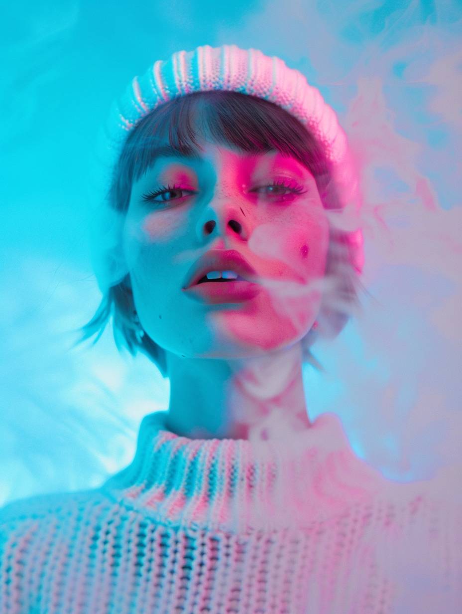 Closeup portrait of a girl with short hair in a white knitted cap, wearing a sweater with blue and pink neon lights and a foggy background in pastel colors in the style of Daria Endresen.