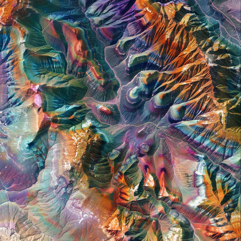 Satellite footage of rainbow-hued mountains in Zhangye National Geopark. Top view from space --stylize 75 --v 6.0