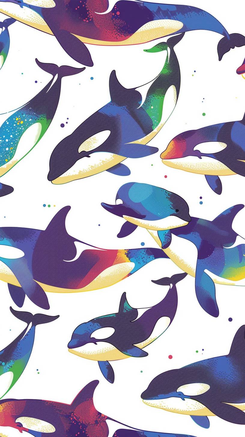 cute cartoon, rainbow orcas jumping, repeating pattern
