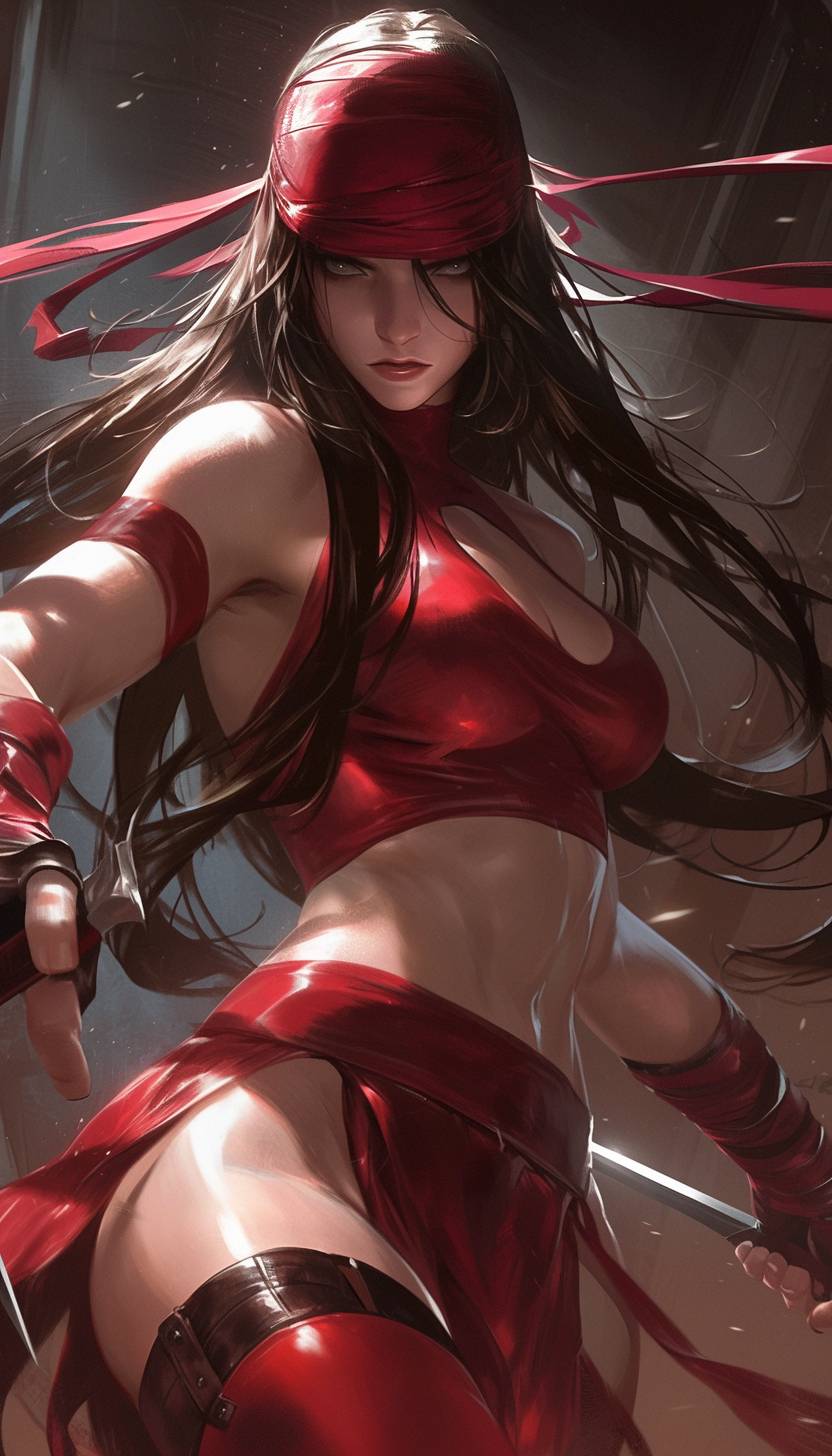 Elektra from DC Comics, chiaroscuro, high contrast, strong shadows, dramatic light, deep blacks, bright highlights, mystery