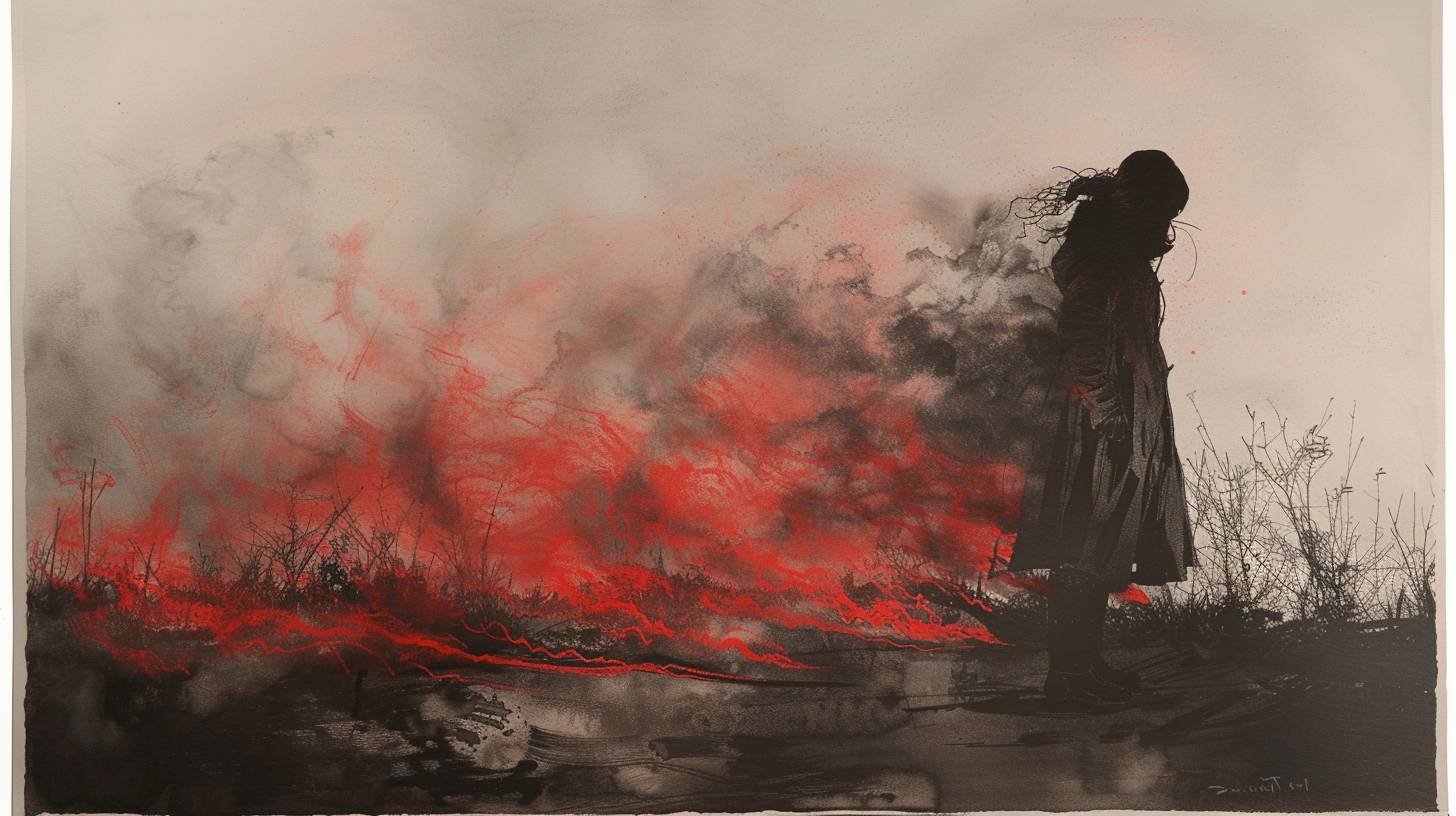 煙の立ち込めたキャンプファイヤーの灰に女性を描いたスモーキーな木炭画。燃える燃えかすからゆっくりと立ち昇る、燃える燃えかすの中には赤い色しかない。サクガのアニメーションセル。--ar 16:9 --stylize 250 --v 6.0