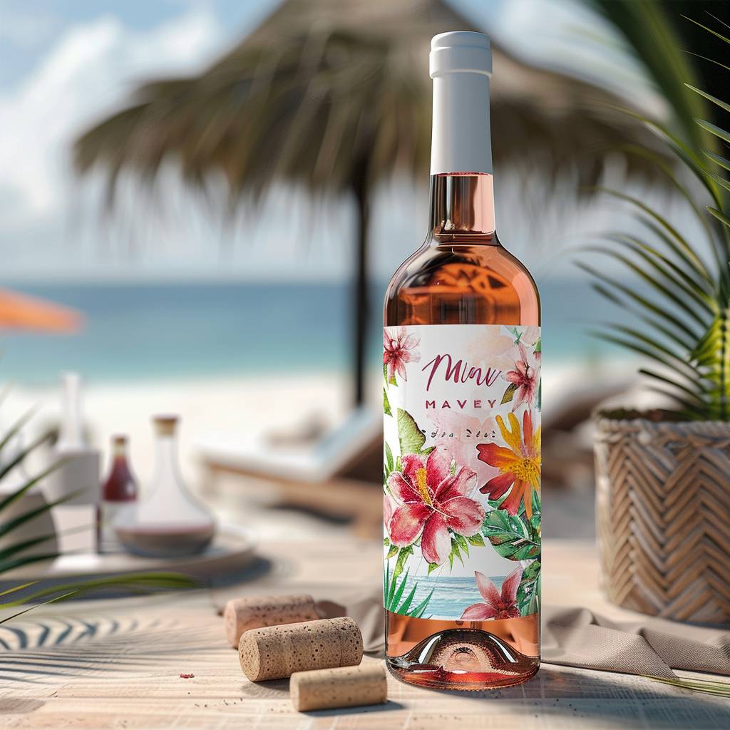 Sangria wine bottle label mockup on sunny beach table