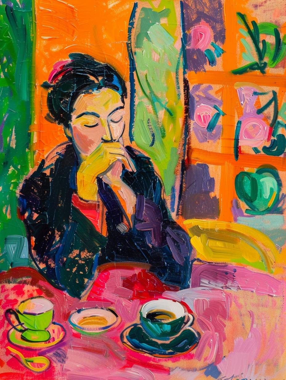 女性がコーヒーを飲む、鮮やかな色合い、アンリ・マティスによって描かれました。