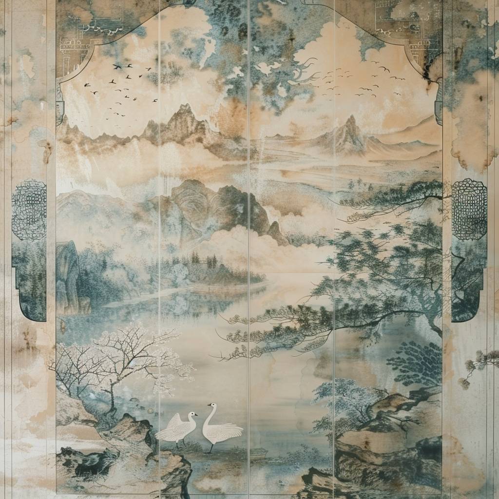 Song Dynasty Mural, Heian Period, Zen, Cyan Light Beige style, Chinese eaves, Wild goose, Historical painting, ultra-fine Details, Meticulous Style, New Chinese Style, landscape painting, Symmetrical composition