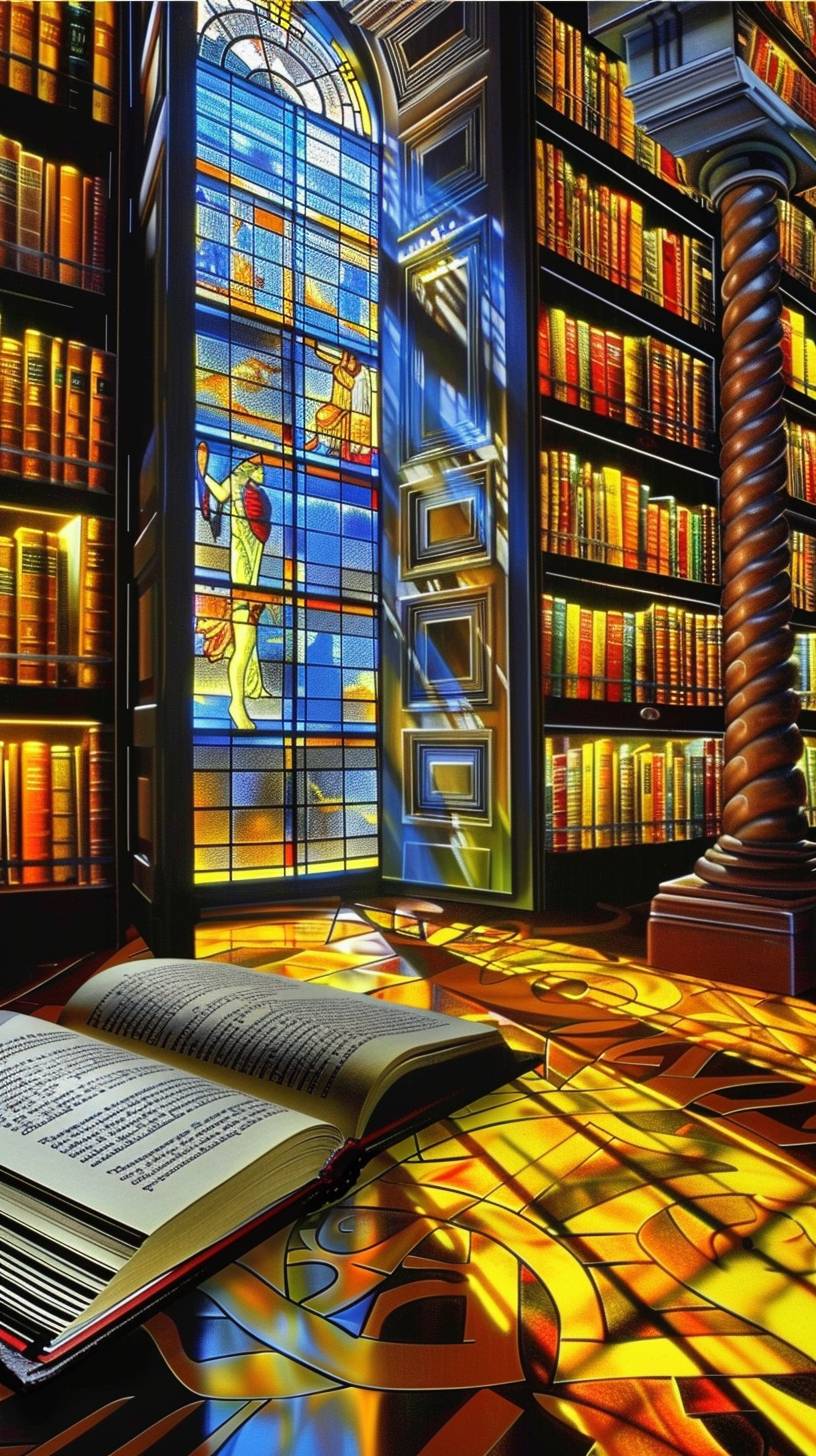 A historic library with tall bookshelves filled with ancient books. Sunlight streams through stained glass windows, illuminating the beauty of the space. In the style of an architectural photograph.