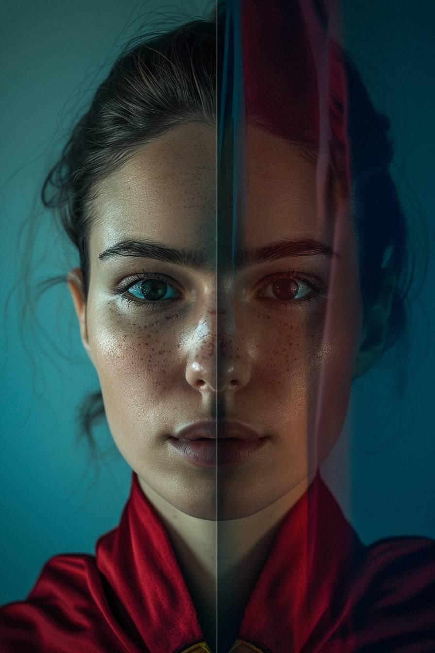 Superhero versus portrait. Symmetrical composition