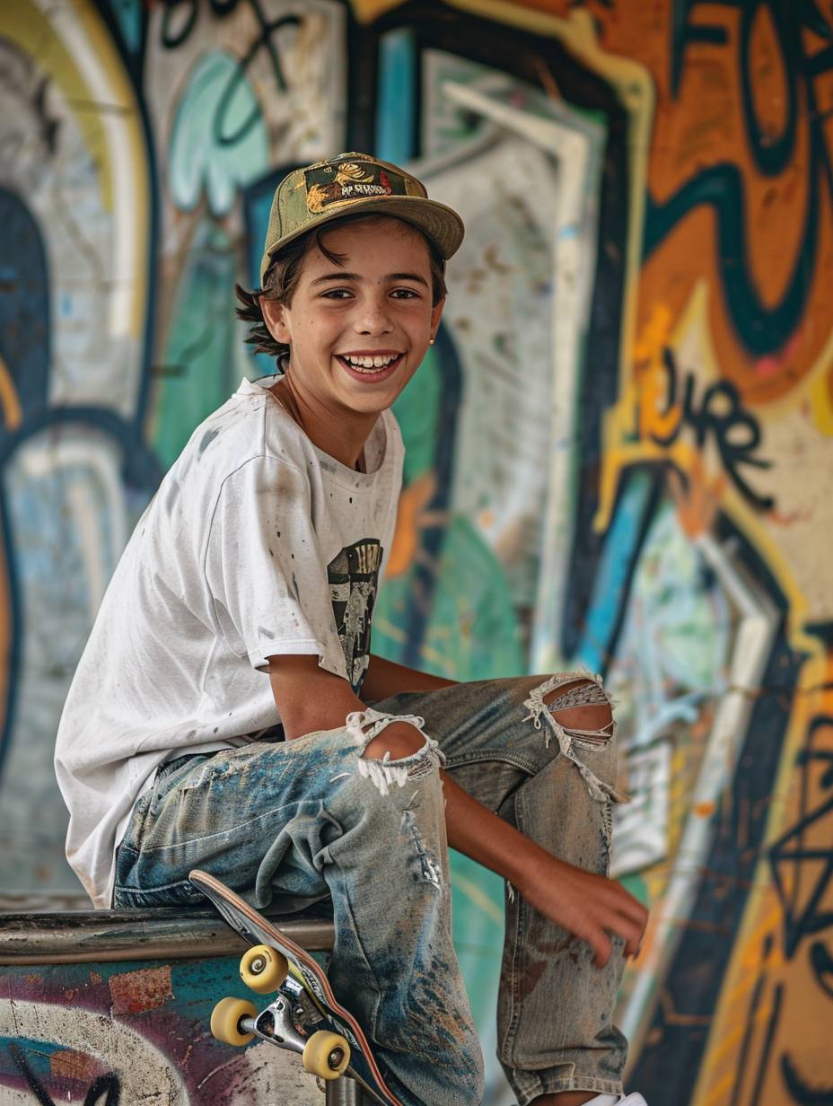 A teenage boy with a mischievous grin, wearing a baseball cap and ripped jeans, skateboarding in a graffiti-covered skate park.