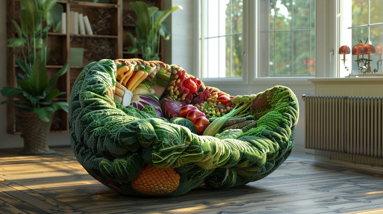 A three-dimensional model of furniture inspired by a specific vegetable, carefully designed to mimic the real texture and color of the vegetable, placed in a designated room setting, merging functional furniture design with the playful essence of the chosen vegetable, rendered in photorealistic detail and vibrant colors to evoke a fresh organic feel.