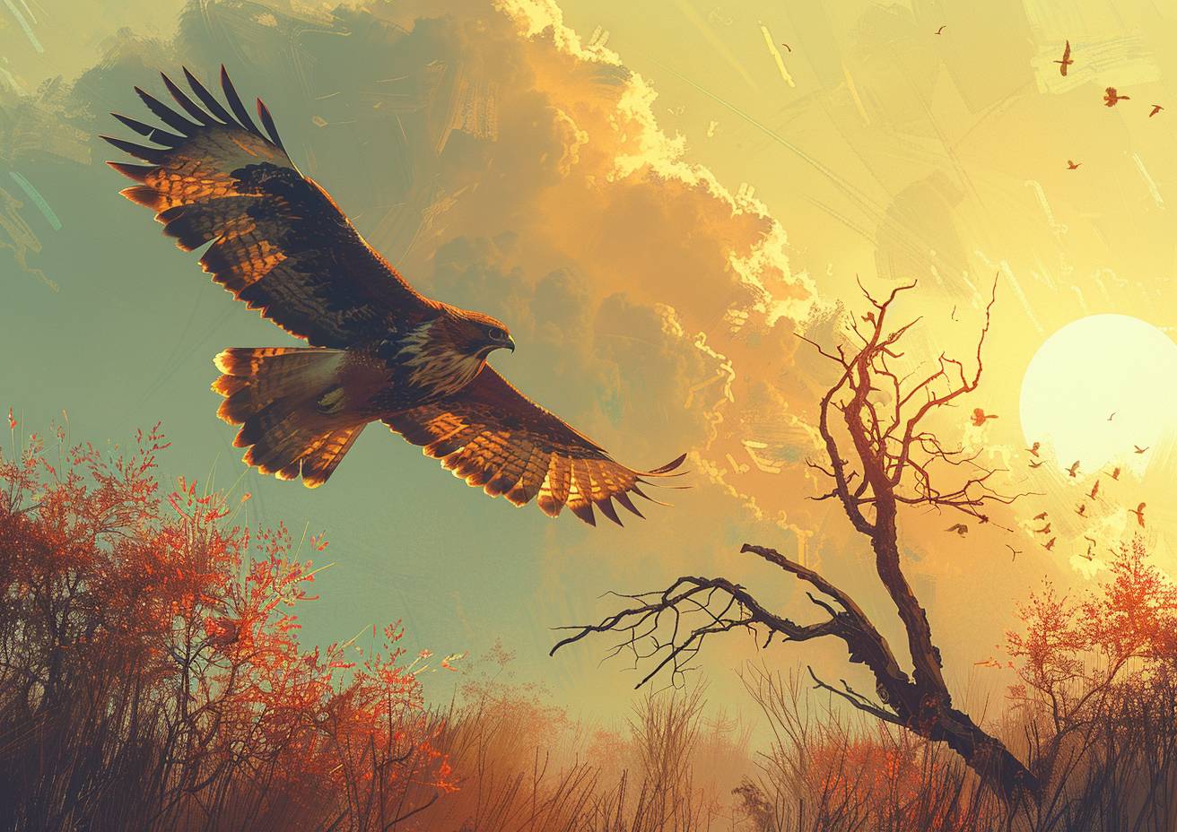 Minimalist landscape, a hawk launches itself from a dead tree, wings strobing in the sunlight