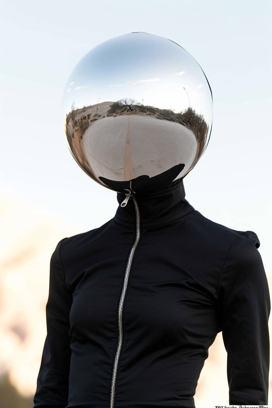 黒いストリートウェアを着た男性が、反射クロムの滴で頭を覆っており、未来的な鏡面反射、白い背景、砂漠の夕暮れ時、柔らかなライティング、ウルトラ写実的、35mmフィルムで撮影されたRAWイメージです。