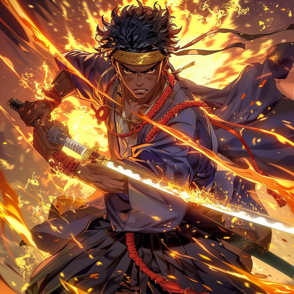 A dynamic full-body portrait of a Black anime protagonist, his spiky [color] framed by a sleek [color] headband, [adj] [color] eyes burning with [emotion], as he grips his ornate katana, powerful [adj] [adj] [noun] and [adj] [color]-[color] aura radiating around him, the fringes of his striking [color] outfit accentuating his lithe, [adj] frame, an air of [adj] [emotion] exuding from his composed yet [adj] [emotion] expression.