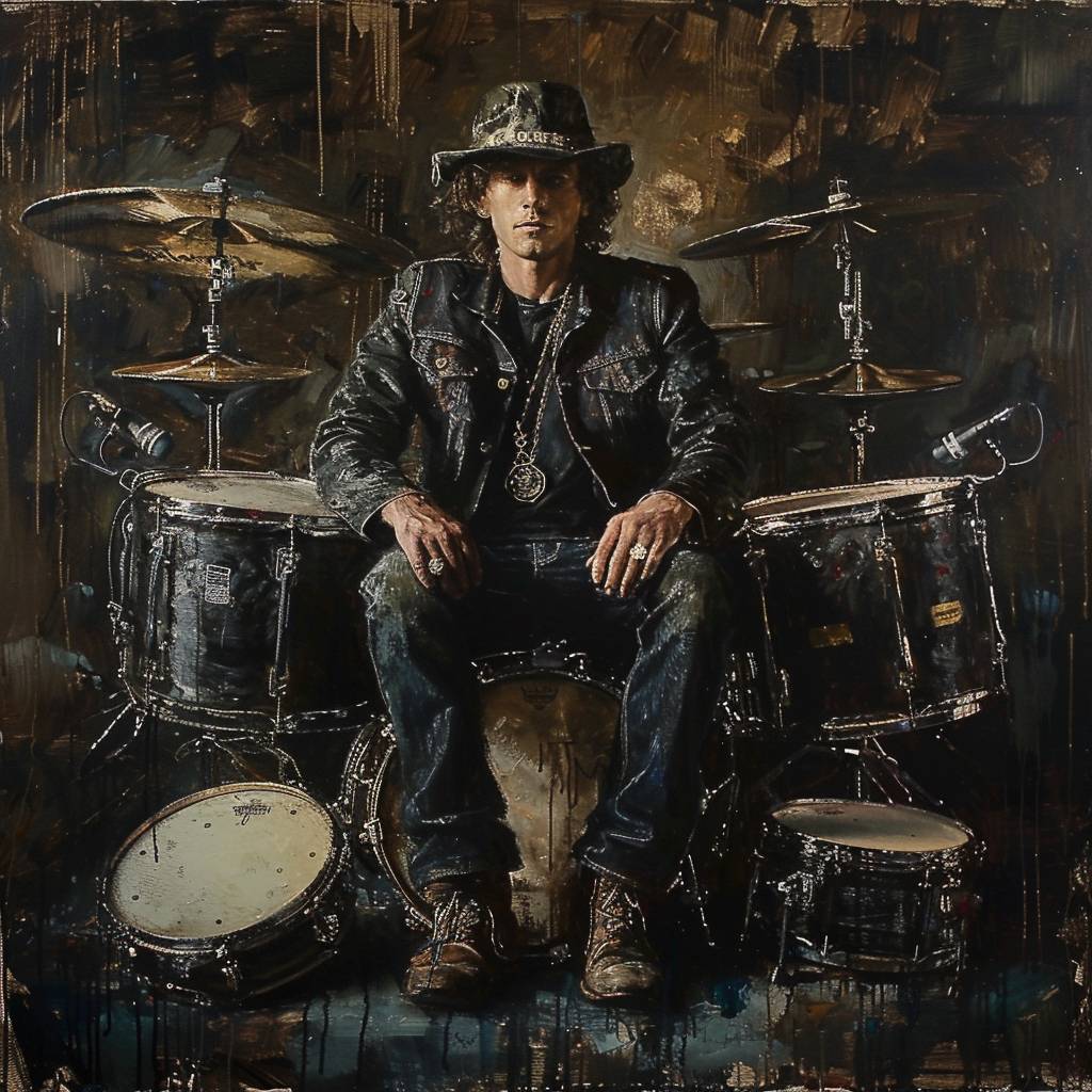 Full-body height portrait of famous rockstar sitting on stack of drums