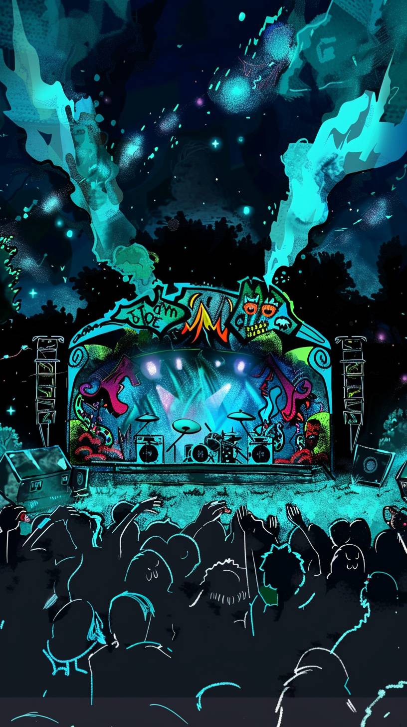 An outdoor concert in a park, with a stage bathed in colorful lights. People are dancing and singing along to the music, creating a festive atmosphere. In the style of a concert poster.