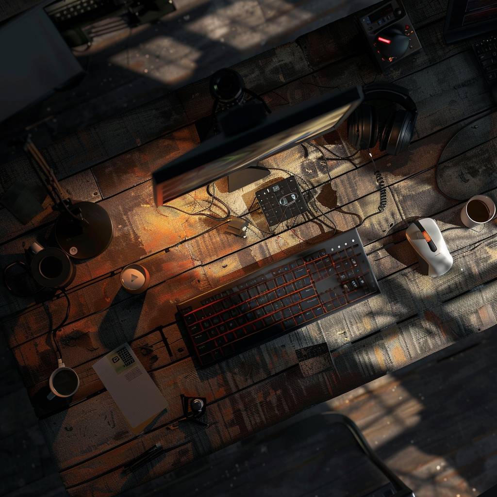 Top view photograph of hacker's table. Shadowed lighting.