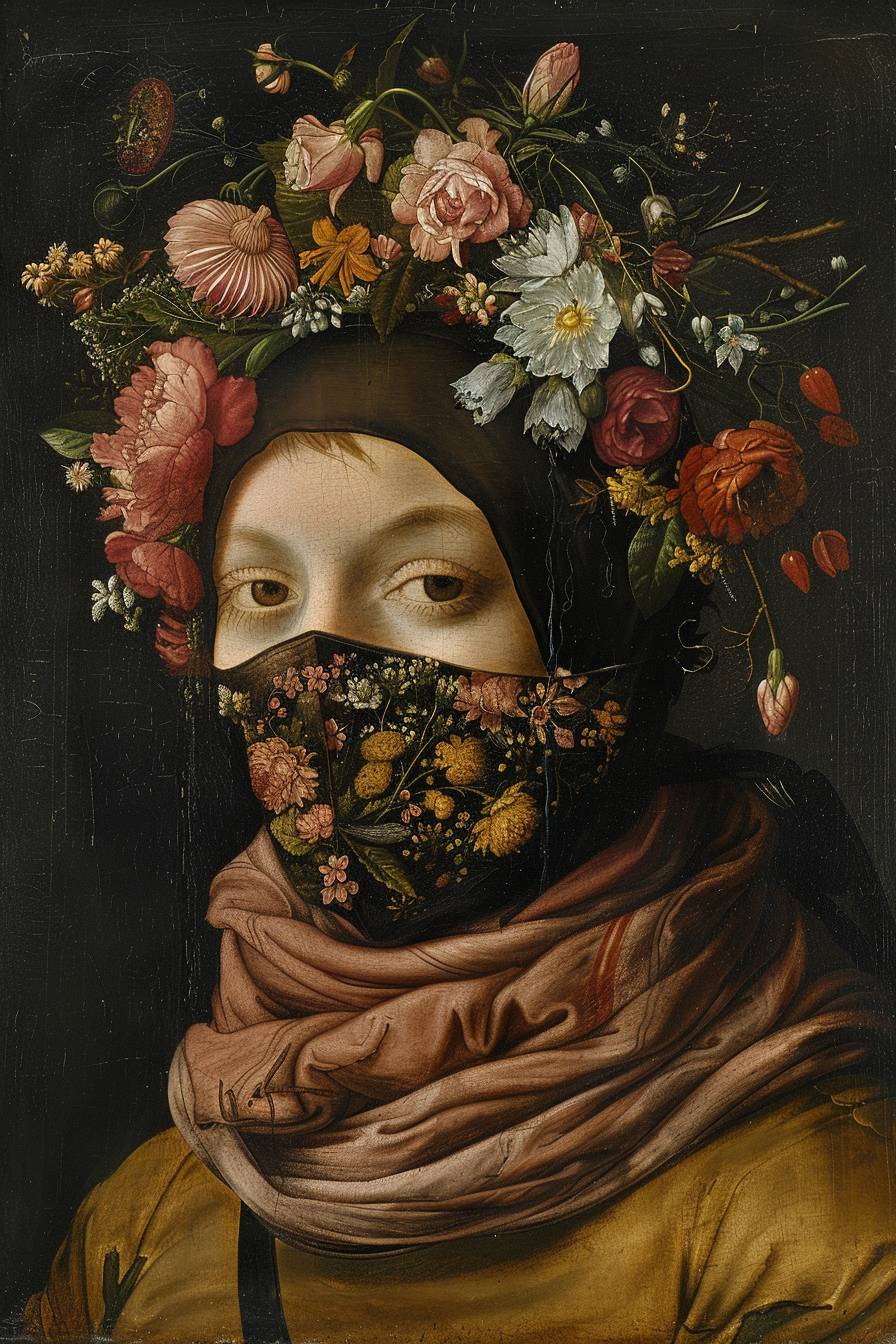 Portrait in balaclava mask and floral wreath by Ambrosius Benson