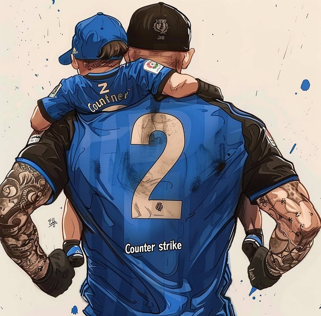 I want to draw an illustration of the back view from above, with two hands holding each other on top and wearing black cap in cartoon style, an adult man carrying his son who is sitting atop him dressed as Inter Milan player Z pseudonym 'Counter strike' written across their blue t-shirts, they have no facial hair or tattoos. The father wears jersey number '2' while he has uniform numbers '980'. They both wear gloves and smile at me. White background.